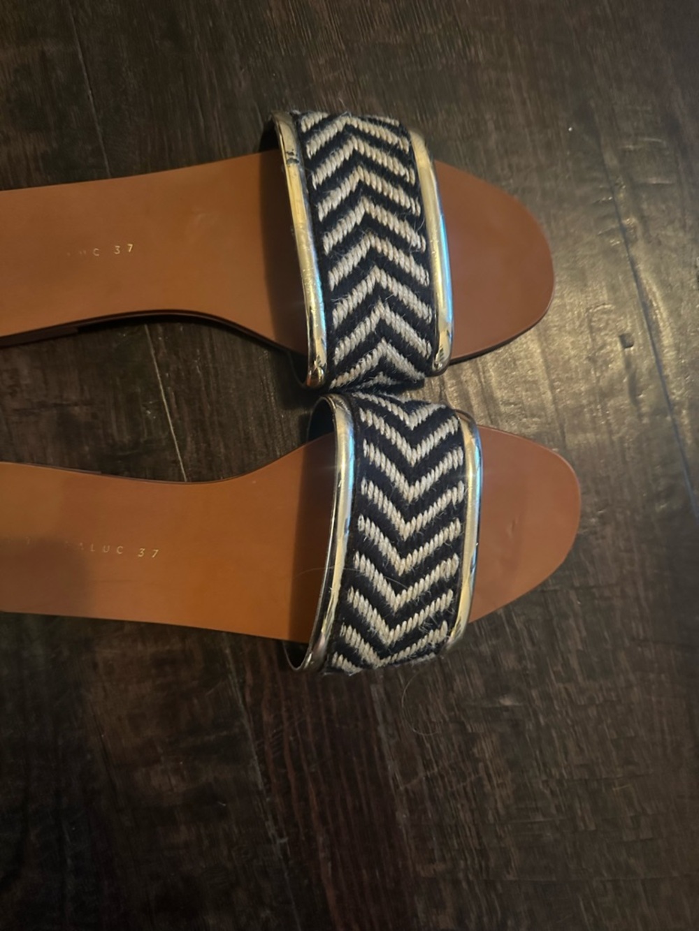 Zara Black & White Chevron Slide Sandals with Tan Footbed